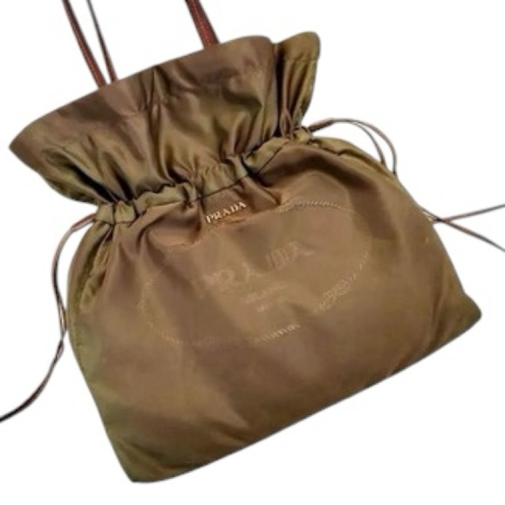 PRADA Tessuto Hunter Green Leather Trim Drawstring Hobo Shoulder Bag Tote